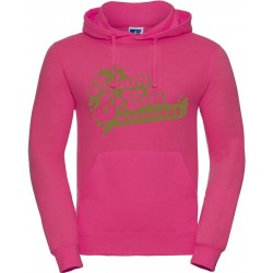 Dökkbleik hettupeysa með gylltu merki.