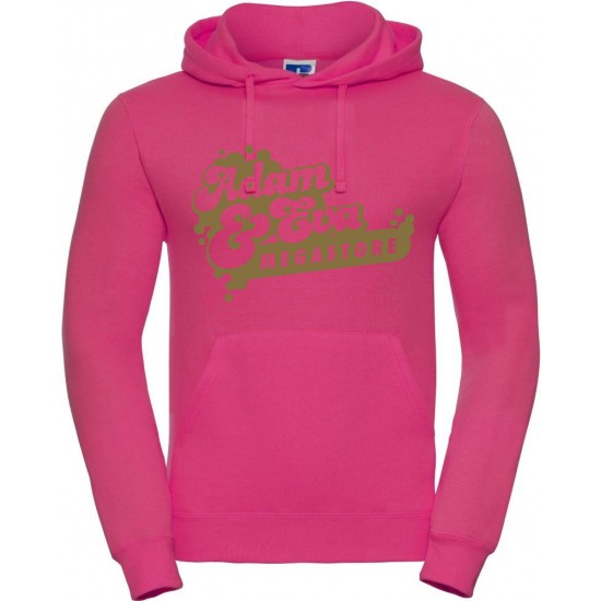 Dökkbleik hettupeysa með gylltu merki.