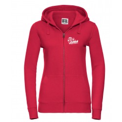 Rauð kvk-hettupeysa með rennilás,hvíttmerki