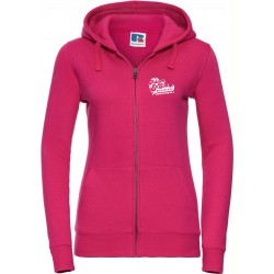 Dökkbleik kvk-hettupeysa með rennilás,hvítt merki