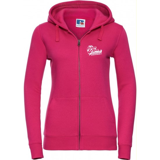 Dökkbleik kvk-hettupeysa með rennilás,hvítt merki