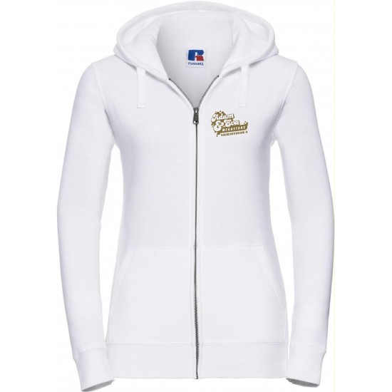 Hvít kvk-hettupeysa með rennilás,gyllt merki