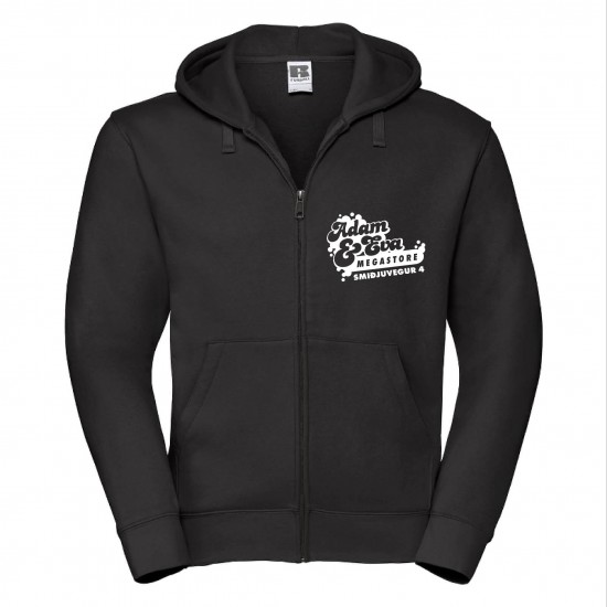 Dökkblá hettupeysa með rennilás – hvítt merki