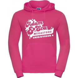 Dökkbleik hettupeysa með hvítu merki.