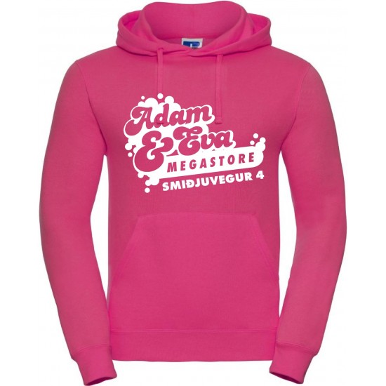 Dökkbleik hettupeysa með hvítu merki.