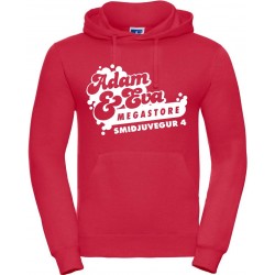 Rauð hettupeysa með hvítu merki.