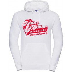 Hvít hettupeysa með rauðu merki.